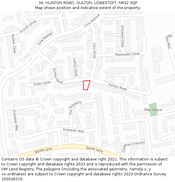 34, HUNTON ROAD, OULTON, LOWESTOFT, NR32 3QP: Location map and indicative extent of plot