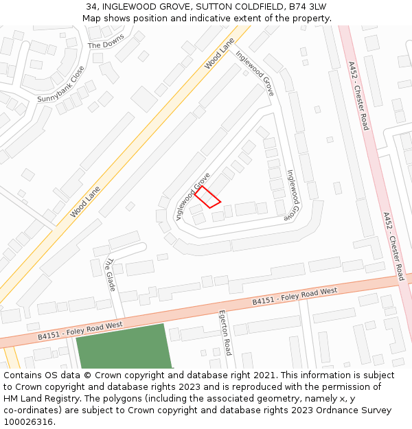 34, INGLEWOOD GROVE, SUTTON COLDFIELD, B74 3LW: Location map and indicative extent of plot