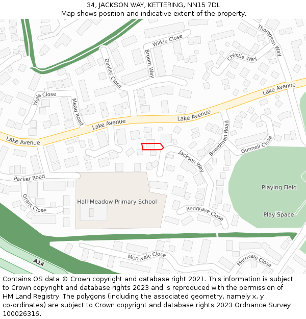 34, JACKSON WAY, KETTERING, NN15 7DL: Location map and indicative extent of plot