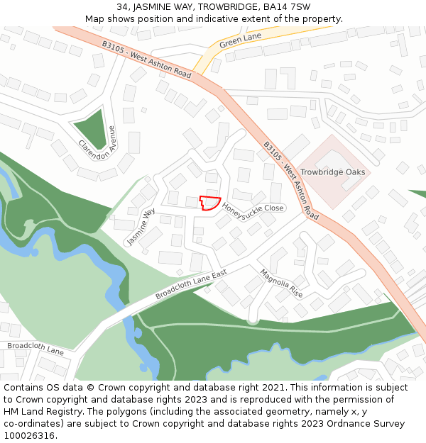 34, JASMINE WAY, TROWBRIDGE, BA14 7SW: Location map and indicative extent of plot