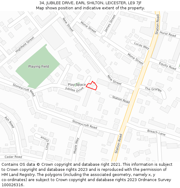 34, JUBILEE DRIVE, EARL SHILTON, LEICESTER, LE9 7JF: Location map and indicative extent of plot