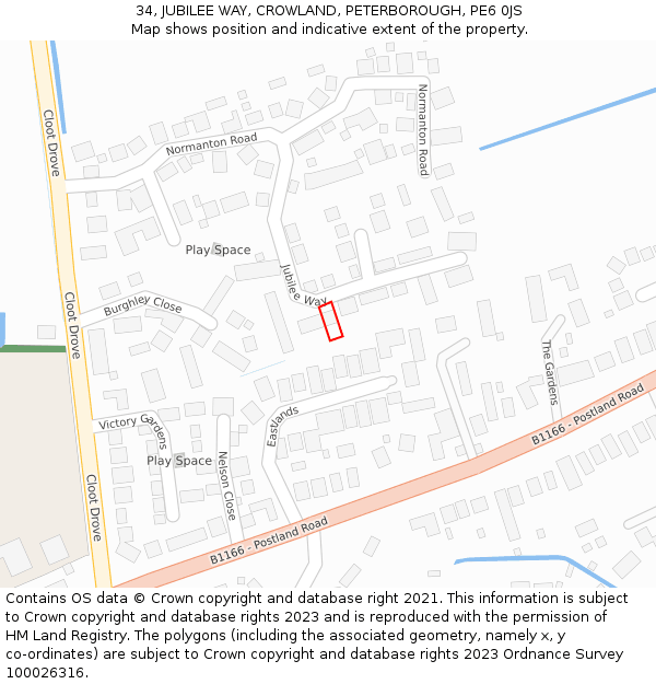 34, JUBILEE WAY, CROWLAND, PETERBOROUGH, PE6 0JS: Location map and indicative extent of plot