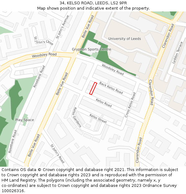 34, KELSO ROAD, LEEDS, LS2 9PR: Location map and indicative extent of plot