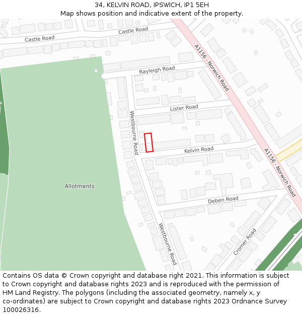 34, KELVIN ROAD, IPSWICH, IP1 5EH: Location map and indicative extent of plot