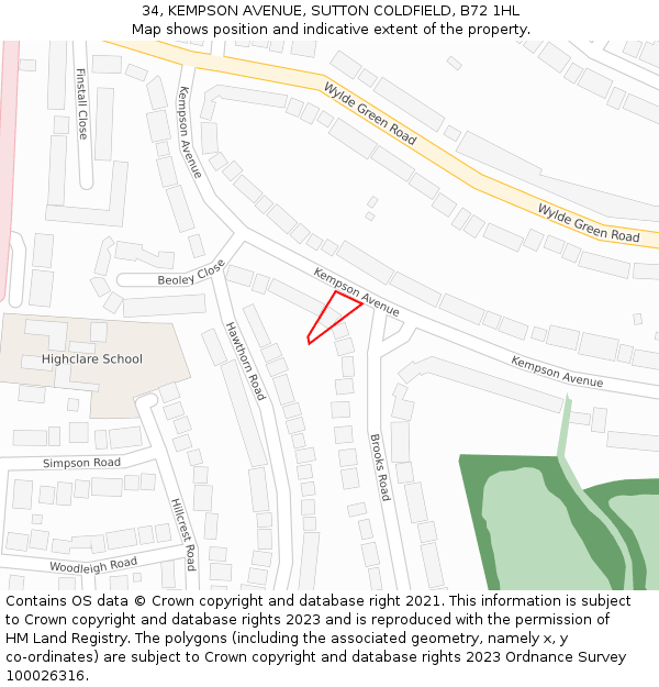 34, KEMPSON AVENUE, SUTTON COLDFIELD, B72 1HL: Location map and indicative extent of plot