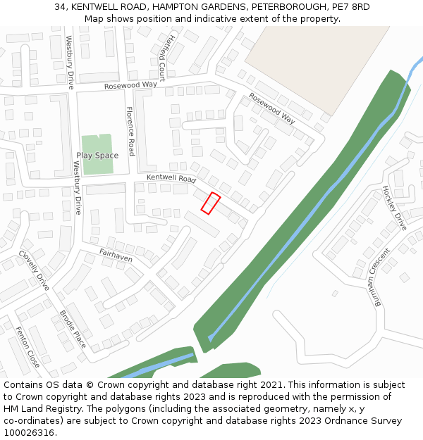 34, KENTWELL ROAD, HAMPTON GARDENS, PETERBOROUGH, PE7 8RD: Location map and indicative extent of plot