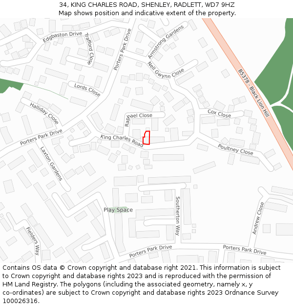 34, KING CHARLES ROAD, SHENLEY, RADLETT, WD7 9HZ: Location map and indicative extent of plot