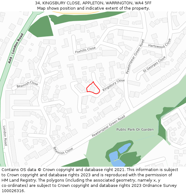 34, KINGSBURY CLOSE, APPLETON, WARRINGTON, WA4 5FF: Location map and indicative extent of plot