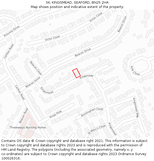 34, KINGSMEAD, SEAFORD, BN25 2HA: Location map and indicative extent of plot