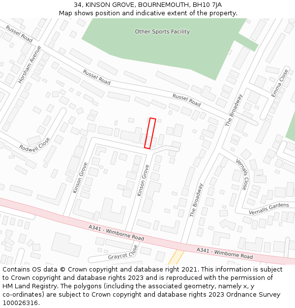 34, KINSON GROVE, BOURNEMOUTH, BH10 7JA: Location map and indicative extent of plot