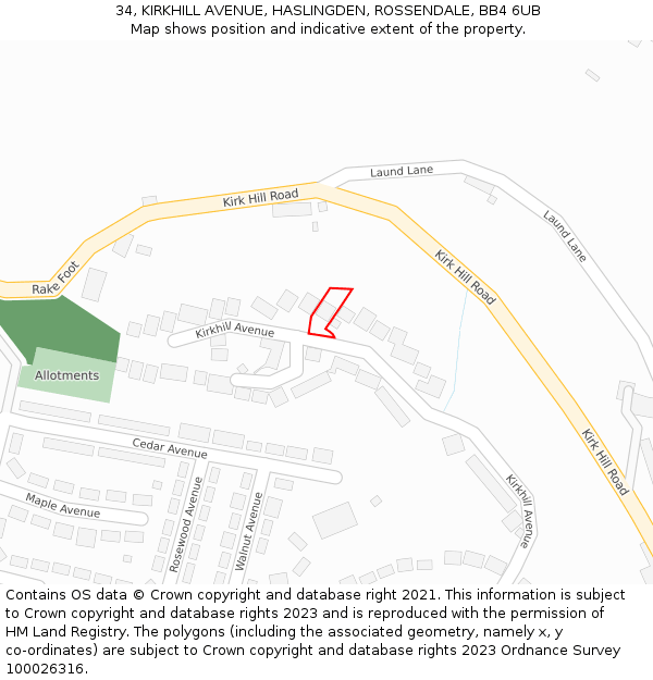 34, KIRKHILL AVENUE, HASLINGDEN, ROSSENDALE, BB4 6UB: Location map and indicative extent of plot