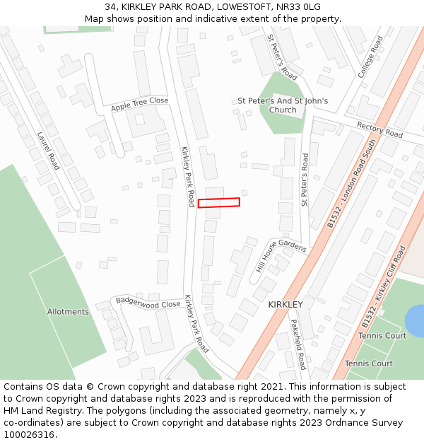 34, KIRKLEY PARK ROAD, LOWESTOFT, NR33 0LG: Location map and indicative extent of plot