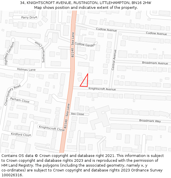 34, KNIGHTSCROFT AVENUE, RUSTINGTON, LITTLEHAMPTON, BN16 2HW: Location map and indicative extent of plot