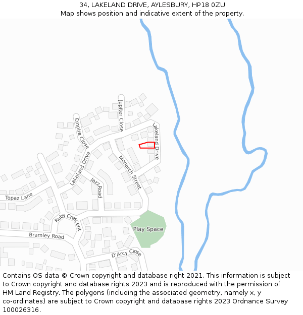 34, LAKELAND DRIVE, AYLESBURY, HP18 0ZU: Location map and indicative extent of plot