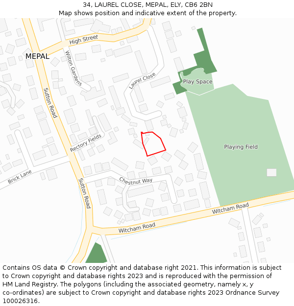 34, LAUREL CLOSE, MEPAL, ELY, CB6 2BN: Location map and indicative extent of plot