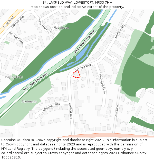 34, LAXFIELD WAY, LOWESTOFT, NR33 7HH: Location map and indicative extent of plot