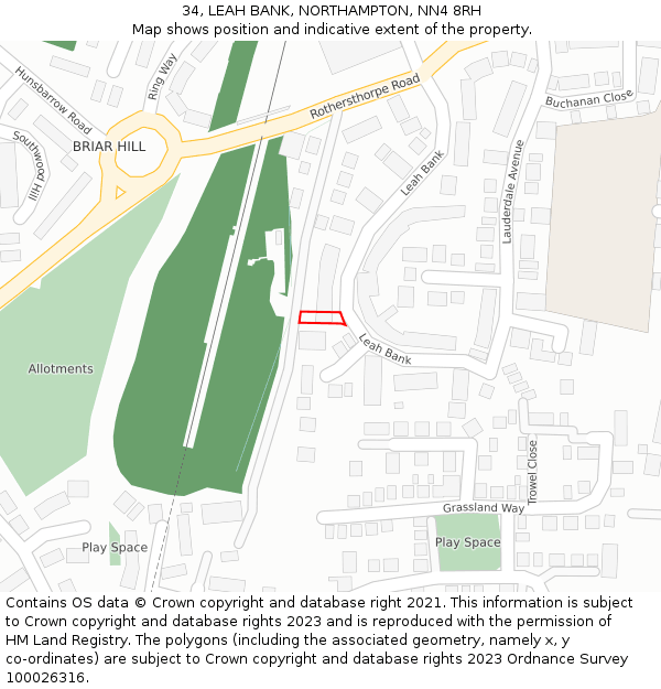 34, LEAH BANK, NORTHAMPTON, NN4 8RH: Location map and indicative extent of plot