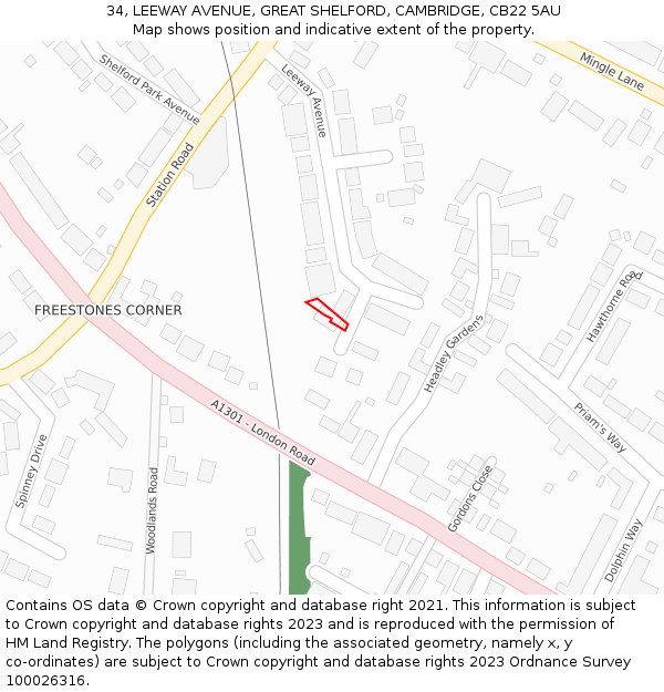 34, LEEWAY AVENUE, GREAT SHELFORD, CAMBRIDGE, CB22 5AU: Location map and indicative extent of plot