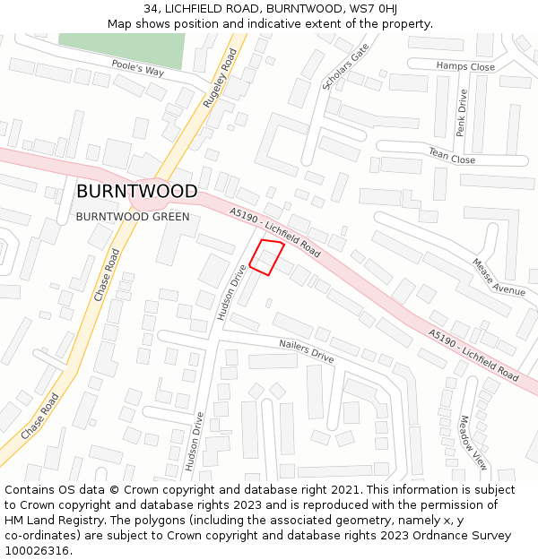 34, LICHFIELD ROAD, BURNTWOOD, WS7 0HJ: Location map and indicative extent of plot