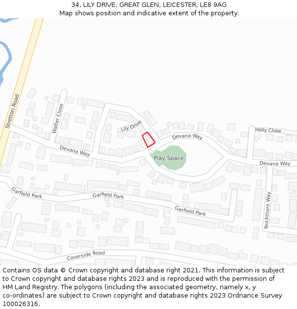 34, LILY DRIVE, GREAT GLEN, LEICESTER, LE8 9AG: Location map and indicative extent of plot