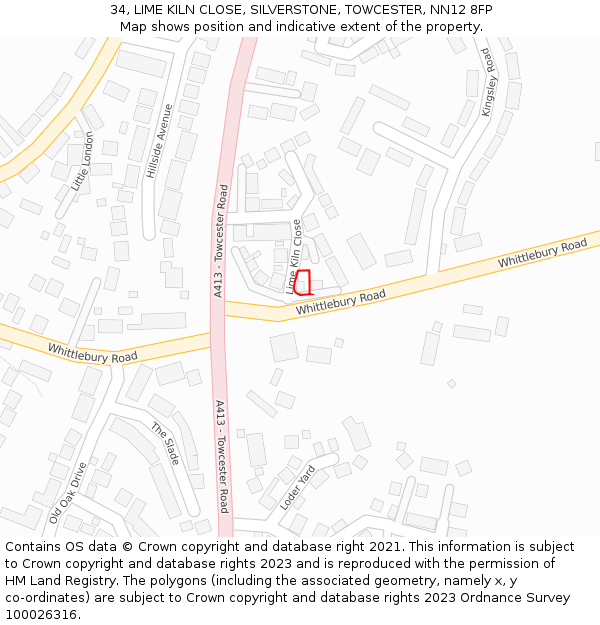 34, LIME KILN CLOSE, SILVERSTONE, TOWCESTER, NN12 8FP: Location map and indicative extent of plot