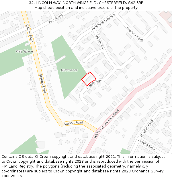 34, LINCOLN WAY, NORTH WINGFIELD, CHESTERFIELD, S42 5RR: Location map and indicative extent of plot