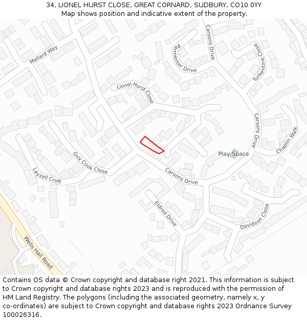 34, LIONEL HURST CLOSE, GREAT CORNARD, SUDBURY, CO10 0YY: Location map and indicative extent of plot