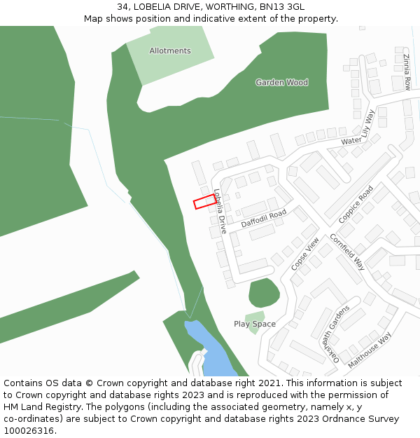 34, LOBELIA DRIVE, WORTHING, BN13 3GL: Location map and indicative extent of plot
