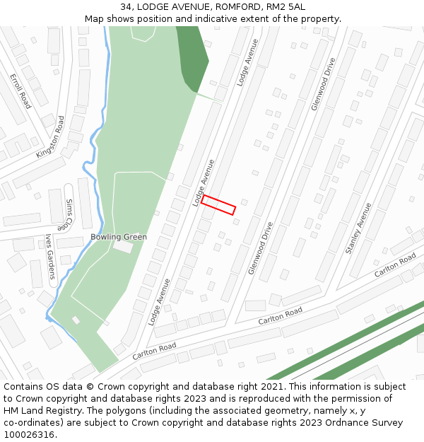 34, LODGE AVENUE, ROMFORD, RM2 5AL: Location map and indicative extent of plot