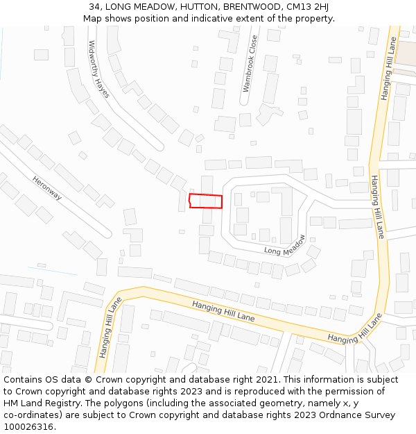 34, LONG MEADOW, HUTTON, BRENTWOOD, CM13 2HJ: Location map and indicative extent of plot