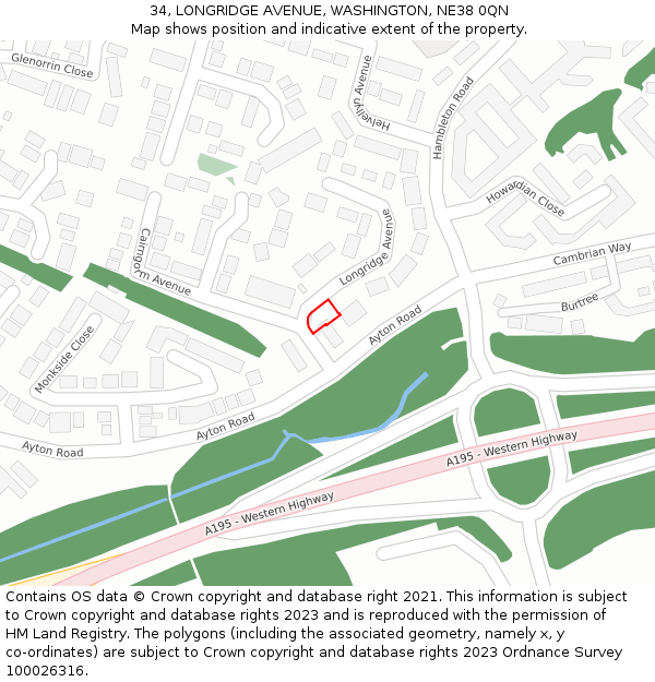 34, LONGRIDGE AVENUE, WASHINGTON, NE38 0QN: Location map and indicative extent of plot