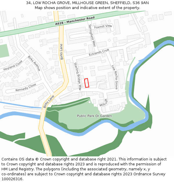 34, LOW ROCHA GROVE, MILLHOUSE GREEN, SHEFFIELD, S36 9AN: Location map and indicative extent of plot