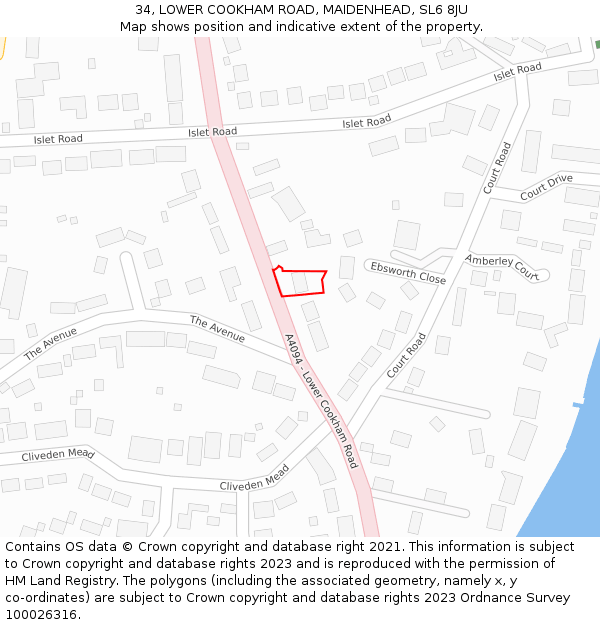 34, LOWER COOKHAM ROAD, MAIDENHEAD, SL6 8JU: Location map and indicative extent of plot