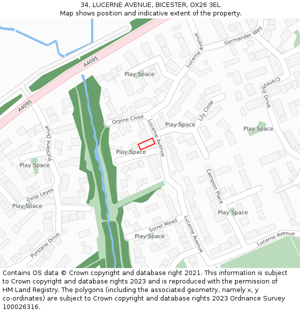 34, LUCERNE AVENUE, BICESTER, OX26 3EL: Location map and indicative extent of plot