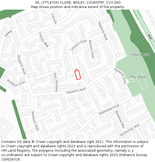 34, LYTTLETON CLOSE, BINLEY, COVENTRY, CV3 2XG: Location map and indicative extent of plot