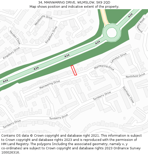 34, MAINWARING DRIVE, WILMSLOW, SK9 2QD: Location map and indicative extent of plot