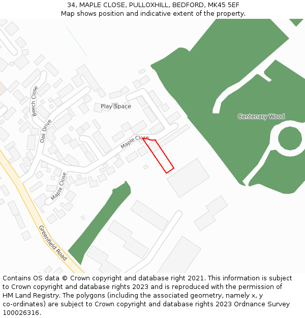 34, MAPLE CLOSE, PULLOXHILL, BEDFORD, MK45 5EF: Location map and indicative extent of plot