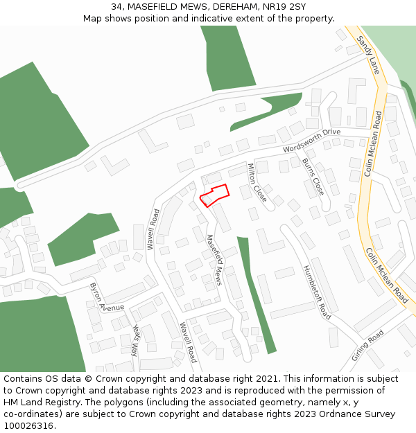 34, MASEFIELD MEWS, DEREHAM, NR19 2SY: Location map and indicative extent of plot