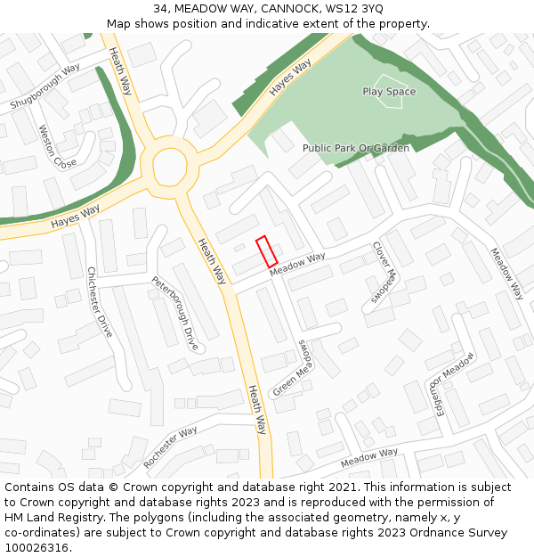 34, MEADOW WAY, CANNOCK, WS12 3YQ: Location map and indicative extent of plot