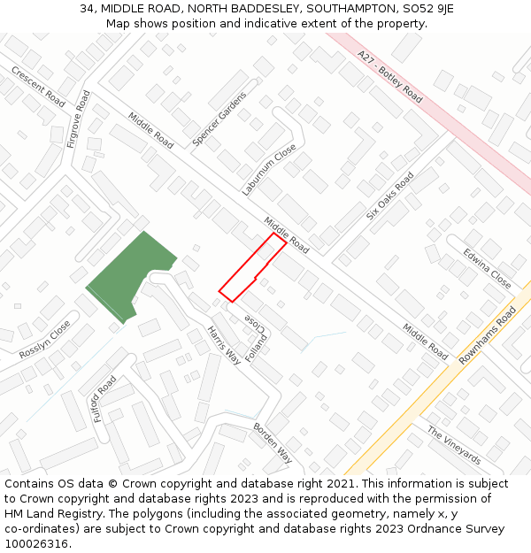 34, MIDDLE ROAD, NORTH BADDESLEY, SOUTHAMPTON, SO52 9JE: Location map and indicative extent of plot