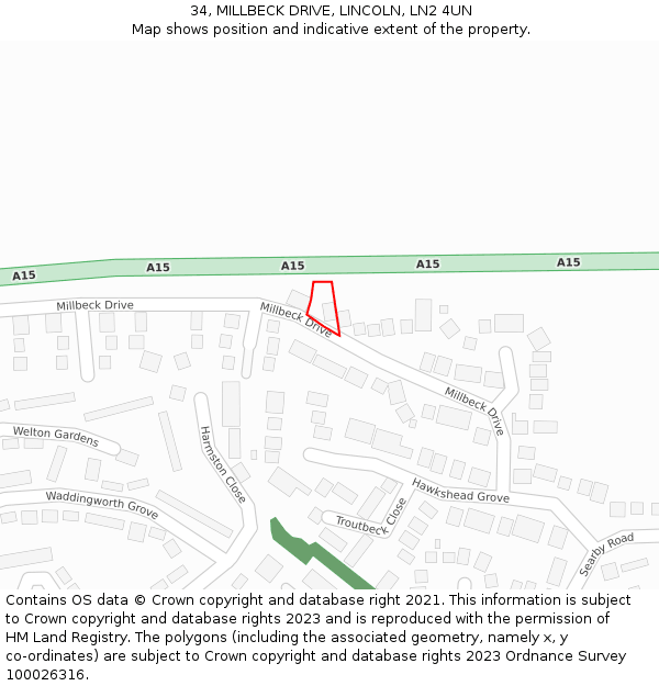 34, MILLBECK DRIVE, LINCOLN, LN2 4UN: Location map and indicative extent of plot