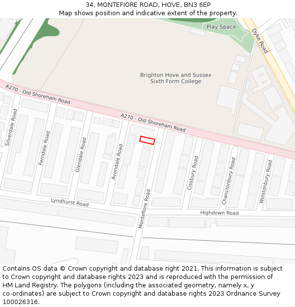 34, MONTEFIORE ROAD, HOVE, BN3 6EP: Location map and indicative extent of plot