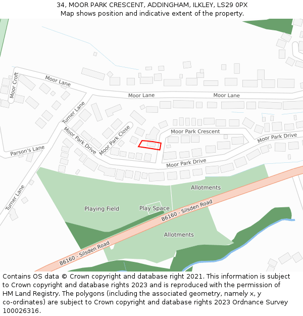 34, MOOR PARK CRESCENT, ADDINGHAM, ILKLEY, LS29 0PX: Location map and indicative extent of plot