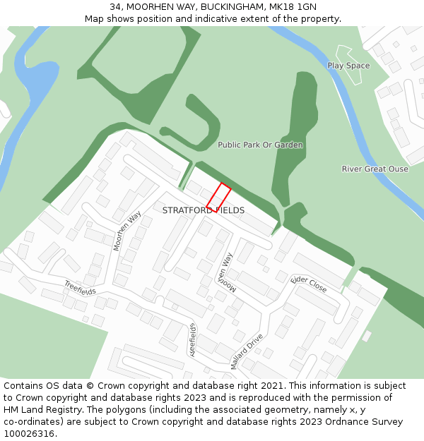 34, MOORHEN WAY, BUCKINGHAM, MK18 1GN: Location map and indicative extent of plot