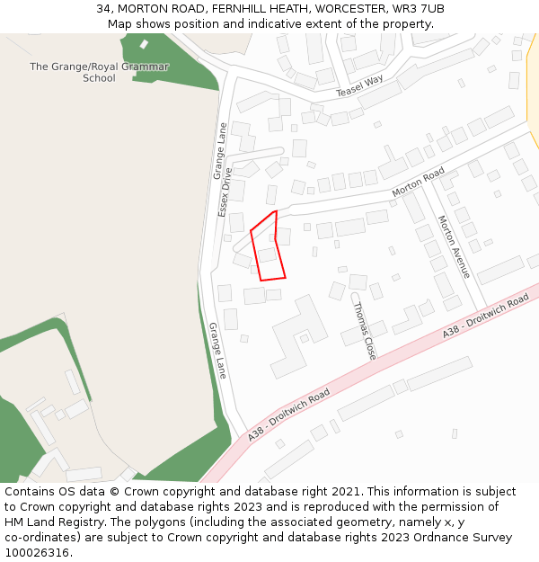 34, MORTON ROAD, FERNHILL HEATH, WORCESTER, WR3 7UB: Location map and indicative extent of plot