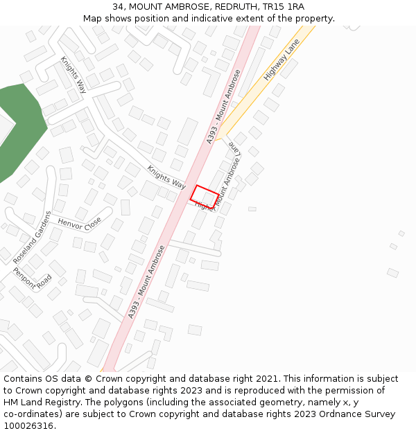 34, MOUNT AMBROSE, REDRUTH, TR15 1RA: Location map and indicative extent of plot