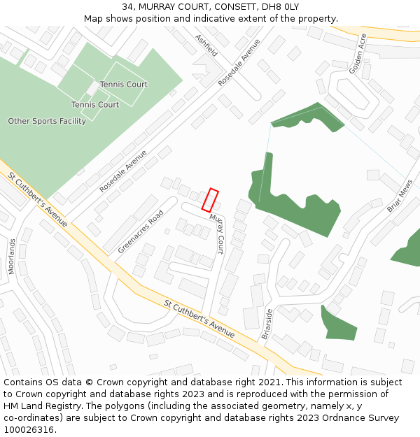 34, MURRAY COURT, CONSETT, DH8 0LY: Location map and indicative extent of plot