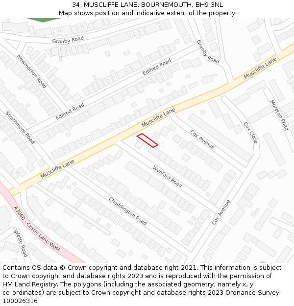 34, MUSCLIFFE LANE, BOURNEMOUTH, BH9 3NL: Location map and indicative extent of plot