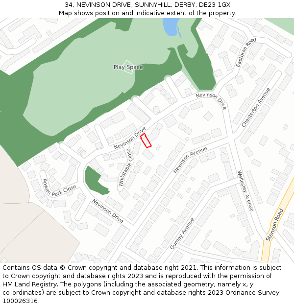 34, NEVINSON DRIVE, SUNNYHILL, DERBY, DE23 1GX: Location map and indicative extent of plot