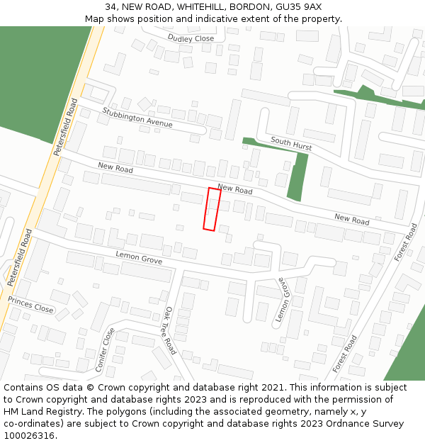 34, NEW ROAD, WHITEHILL, BORDON, GU35 9AX: Location map and indicative extent of plot